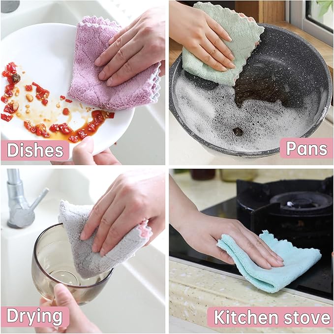 12 Pack Kitchen Cloth, Dish Towels, Microfiber Cleaning Cloths, Premium Coral Fleece Nonstick Oil Washable Fast Drying Cloths for Kitchen, Bathroom, Car and Household Cleaning Supplies, 10"×10"