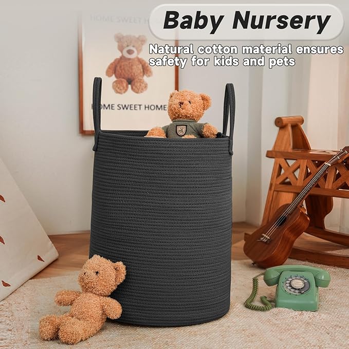 Large Woven Laundry Basket Hamper,80L Cotton Rope Storage Bin for Blankets,Toys and Clothes,Decorative Tall Nursery Hamper for Living Room,Baby Nursery,Bathroom and Bedroom,Black