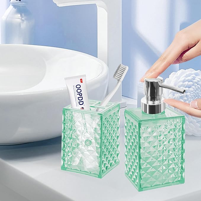 2PCS Mint Green Bathroom Accessories. Contain Soap Dispenser and Toothbrush Holder Set. Boho Bathroom Set for Blue Bathroom Décor