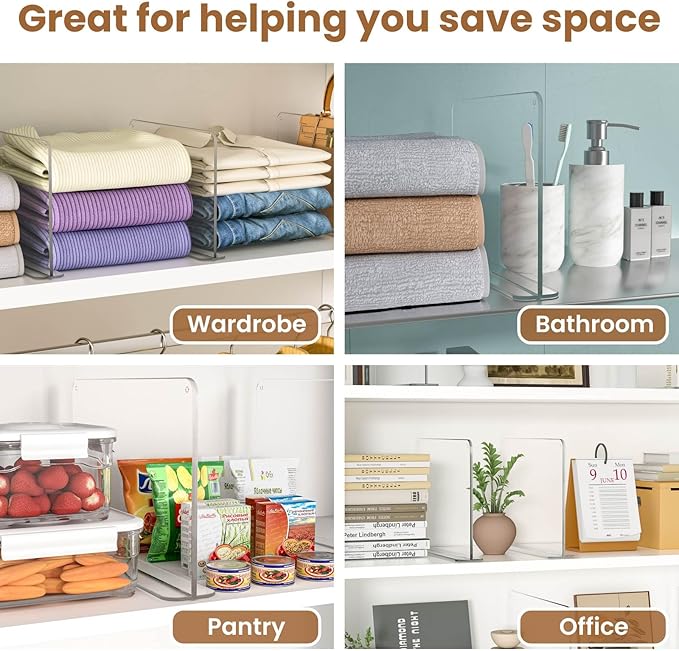 Purse Organizer for Closet Shelf Dividers: 4 Pack Acrylic Clear T-shaped Vertical Shelves Separators - Durable Space Saver Easy to Install - Bag Storage Organizer for Handbags, Clothes, Sweater, Towel