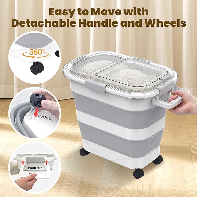25-35Lbs Rice Container,Collapsible Food Storage Containers with Transparent Airtight Lid,Wheels,Rice Storage Container with Small Bin and Scoop,Rice Dispenser for Flour Sugar Cereal Grain Dog Cat