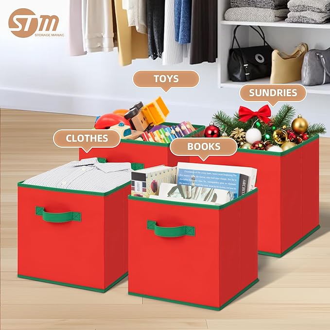 STORAGE MANIAC Storage Cubes, 11 Inch Durable 4 Pack Storage Shelf Basket for Christmas, Fabric Foldable Collapsible Bins with Handles for Organization, Closet, Shelves, Offices, Toys, Red