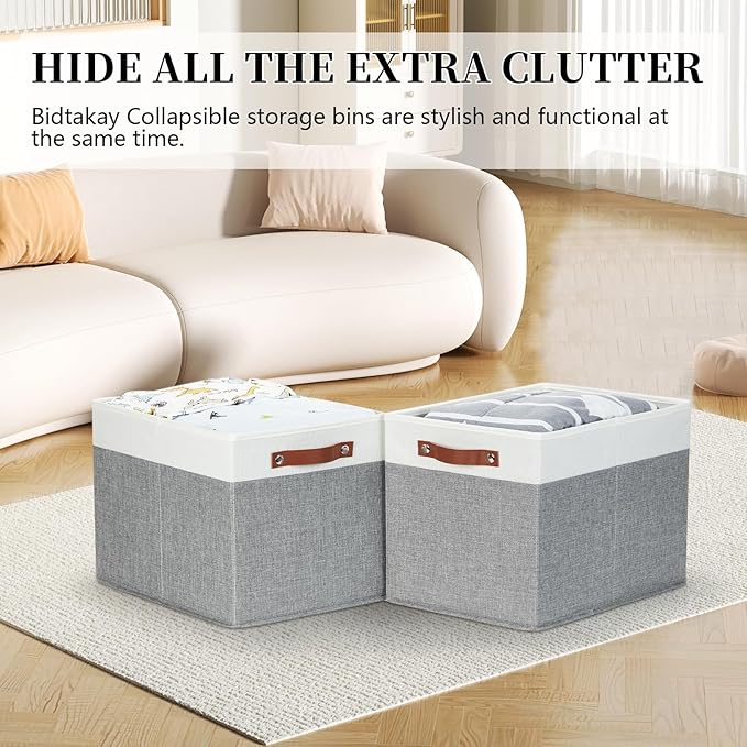 Bidtakay Large Storage Bins 4-Pack Collapsible Fabric Storage Baskets for Organizing 16x12x12 Inches White/Light Grey