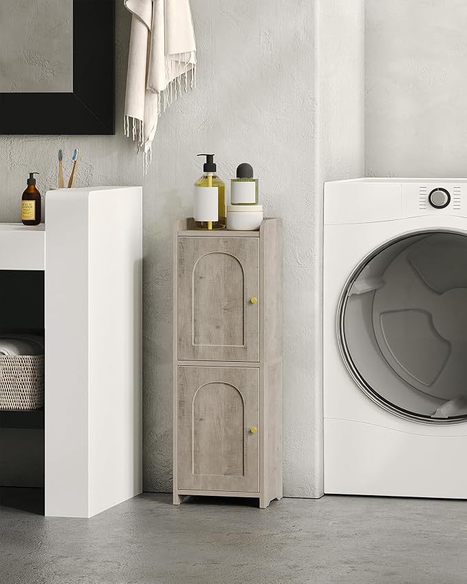 Bathroom Storage Cabinet, Small Corner Floor Cabinet with 2 Doors and Adjustable Shelf, Narrow Toilet Paper Cabinets, Bathroom Organizer for Small Spaces, 7.9" D x 9.8" W x 29.5" H Greige