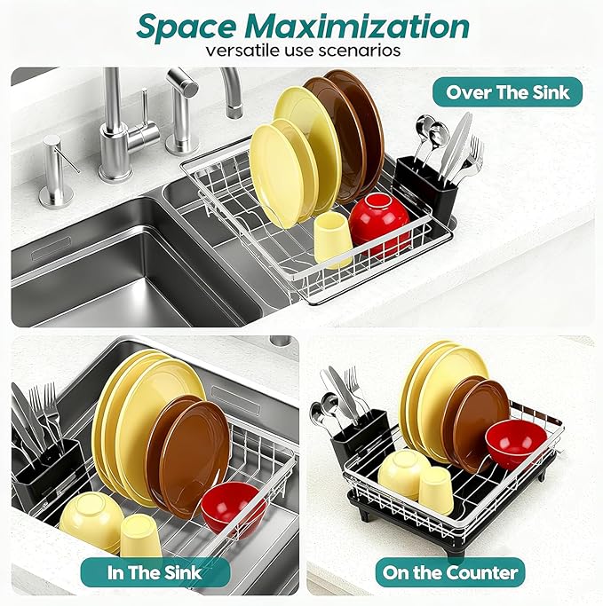 MERRYBOX Stainless Steel Dish Drying Rack, Expandable Dish Drainers for Kitchen Sink, Non-Slip & Durable - Sink Dish Rack with Large Cutlery Holder (Adjustable 15.4" to 23" cm)