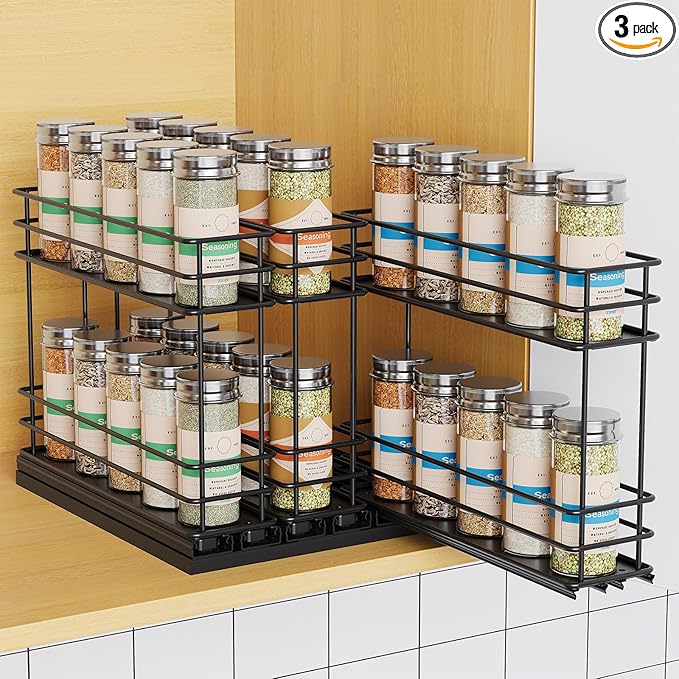 Pull Out Spice Rack Organizer for Cabinet, Slide Out Spice Racks, Easy to Install Spice Cabinet Organizers, 7.4" Wx10.43 Dx8.26 H, 3 Drawers 2 Tiers(Black)