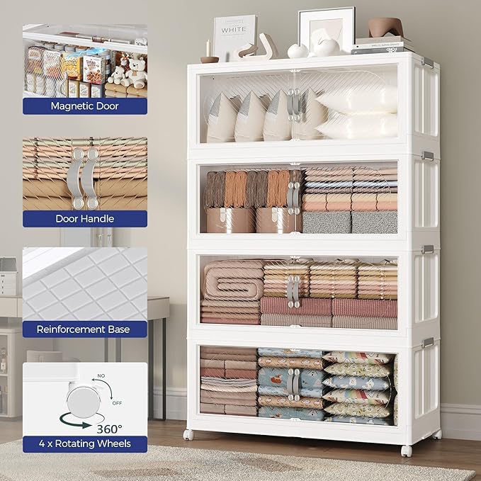 960QT Extra Large Stackable Storage Bins with Lid, 240Gal Plastic Closet Organizers and Storage Drawer, Collapsible Cabinet Box with Wheels Clear Doors for Home Kitchen Office, 6Pack White