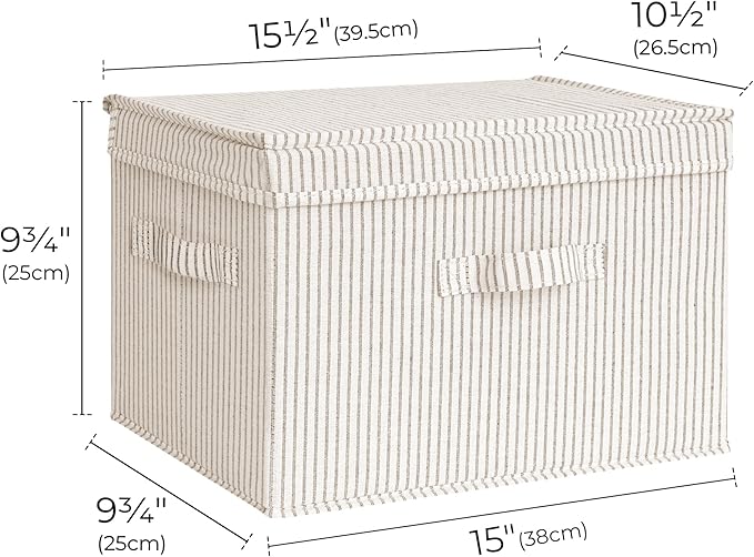 StorageWorks Fabric Storage Bins with Lid, Decorative Storage Boxes for Shelves, Stackable Closet Organizer Basket with Handles, Large, Khaki and Beige Stripes, 2-Pack