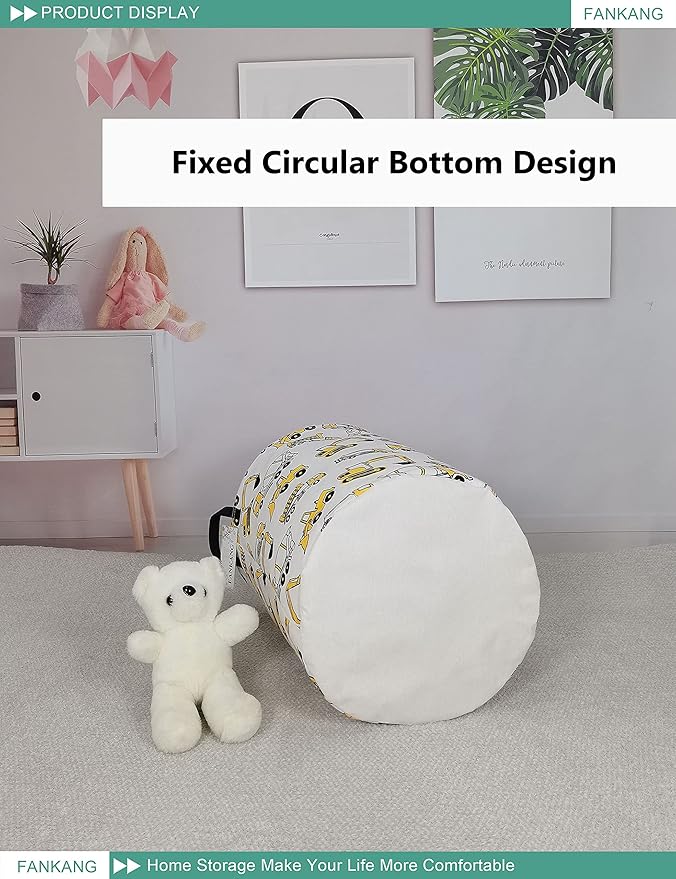 FANKANG Storage Basket, Nursery Hamper Canvas Laundry Basket Foldable with Waterproof PE Coating Large Storage Baskets for Kids Boys and Girls, Office, Bedroom, Clothes,Toys（excavator）