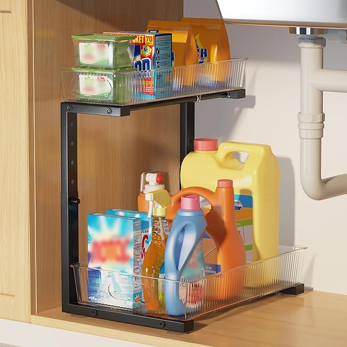 1 Pack 10.62"-15.5" H Acrylic Bathroom Under Sink Organizers And Storage Height Adjustable,2-Tier Pull Out Under Cabinet Shelf Organizer,Multi-Use Slide Out Drawer For Kitchen Laundry-Black