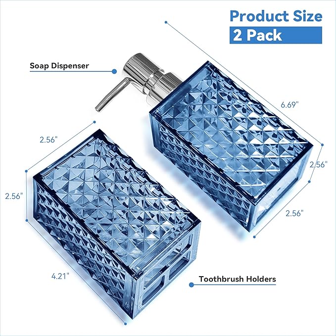 2PCS Blue Bathroom Accessories. Contain Soap Dispenser and Toothbrush Holder Set. Boho Bathroom Set for Blue Bathroom Décor
