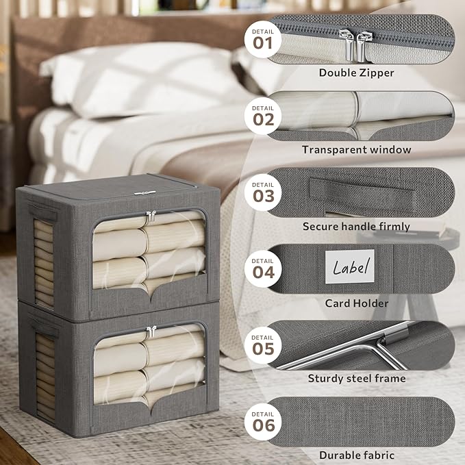 FHSQX 3 Pack Clothes Storage Bins Foldable Metal Frame Storage Box Stackable Linen Fabric Organizer Set with Carrying Handles and Clear Window (Dark Gray, 15.7x11.8x11.8inch(36L))