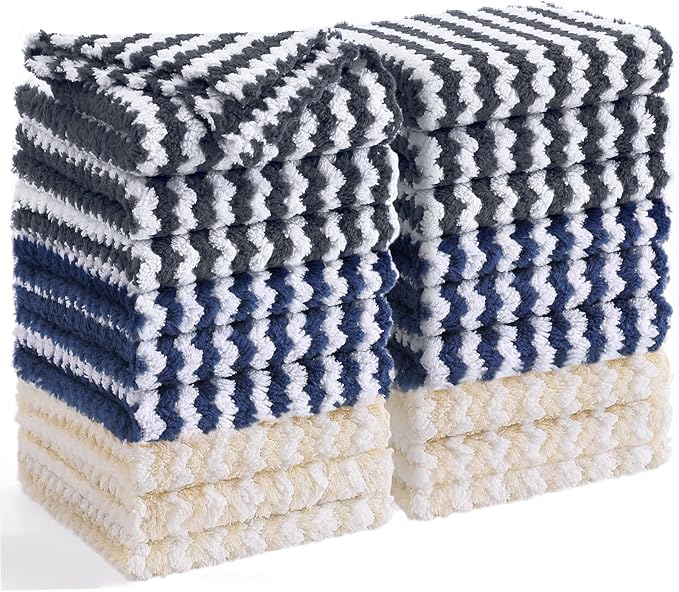 Homaxy 18 Pack Kitchen Dish Cloths, Ultra Soft and Absorbent Dish Towels, Reusable Fast Drying Microfiber Cleaning Cloth, Coral Velvet Wave Design No-lint, 10 x 10 inches, Dark Grey/Navy Blue/Beige