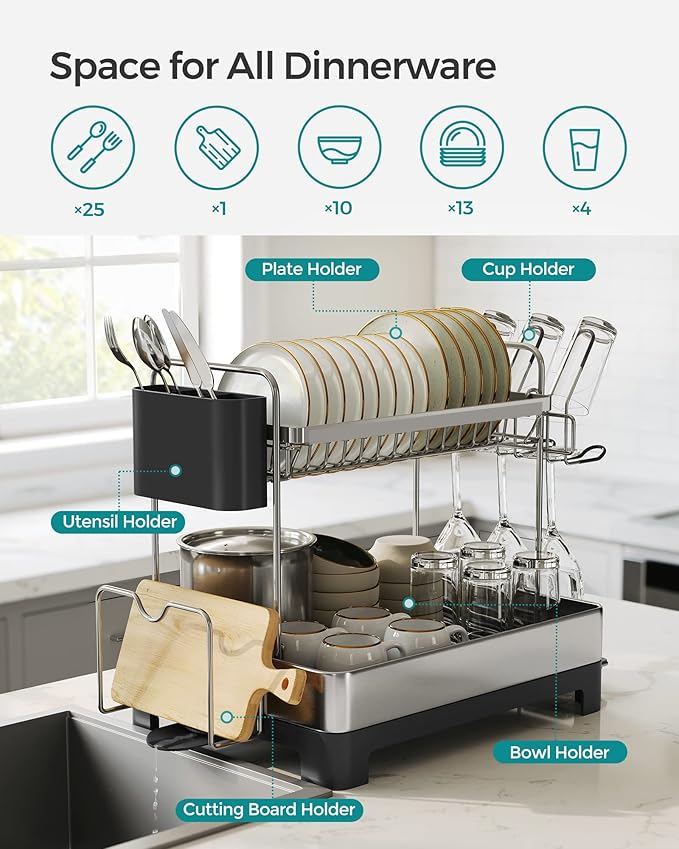 SONGMICS Dish Drying Rack - 2 Tier Dish Rack for Kitchen Counter with Rotatable and Extendable Drain Spout, Dish Drainer with Utensil, Cup, Glass, Cutting Board Holders, Black UKCS032B01