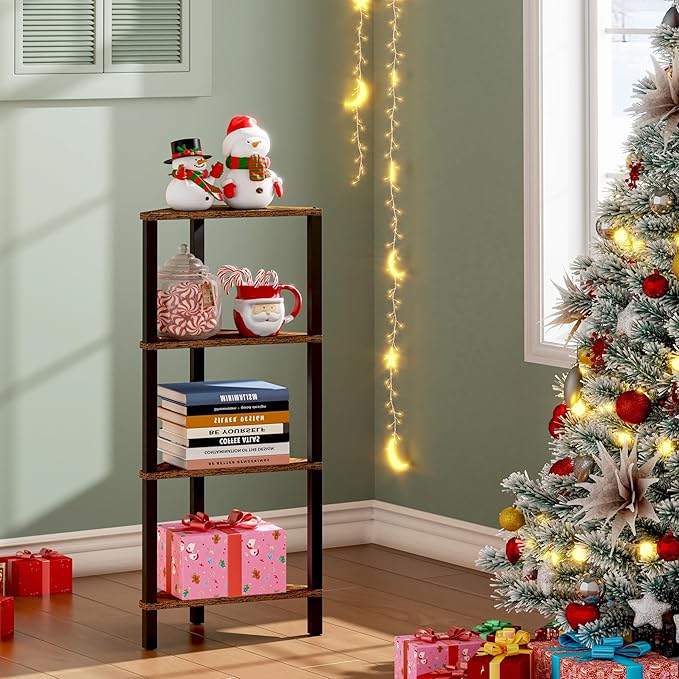 TUTOTAK Corner Shelf, 4-Tier Corner Bookshelf for Small Space, Narrow Display Corner Shelf Stand with Storage Rack, for Living Room, Bedroom, Rustic Brown BS05BB004