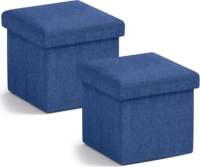 Ornavo Home Small Storage Ottoman, Set of 2 Foldable Collapsible Cube Square Linen Ottoman Foot Rest Stool Seat, for Living Room, Bedroom, Home Office, Dorm - 12 x 12 x 12, Navy Blue