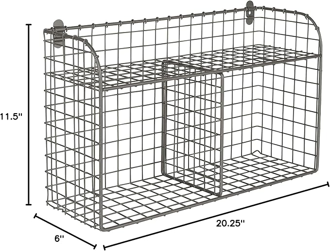 Spectrum 2 Bin Wall Mounted Wire Basket with Shelf Industrial Gray Organizer, Wall Mount Wire Basket Shelves for Kitchen Storage, Vintage Double Bin with Shelf Wall Mount Wire Storage for Organization