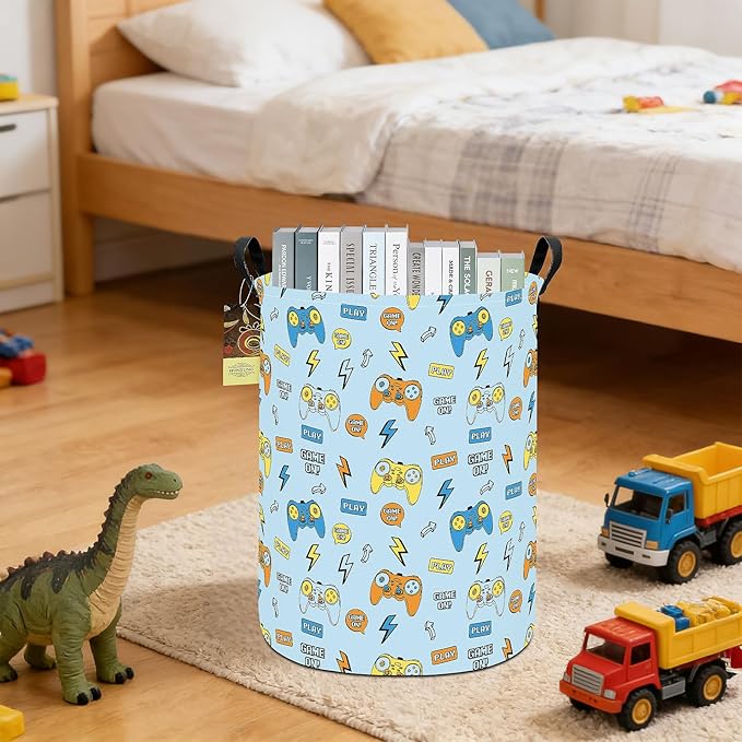 HUNRUNG Laundry Hamper,Large Canvas Fabric Lightweight Storage Basket Toy Organizer Dirty Clothes Collapsible Waterproof for College Dorms（Round-Color Game）