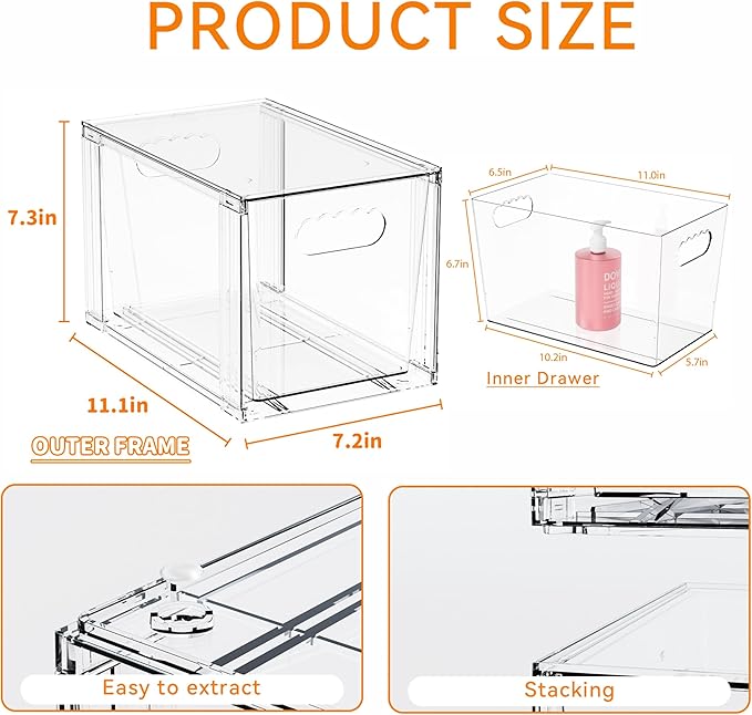 Yieach 2 Pack Baby Bottle Organizer for Countertop,Large Stackable Storage Bins Under The Sink,Acrylic Drawer Organizer and Baby Bottle Station Organization,Clear Plastic Drawer for Pump Parts Storage