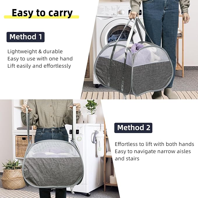 Collapsible Laundry Basket, 90L Foldable Pop-up Laundry Hamper with Reinforced Handles, Tear Proof Mesh Dirty Clothes Hamper for Laundry (Gray, 2PCS)