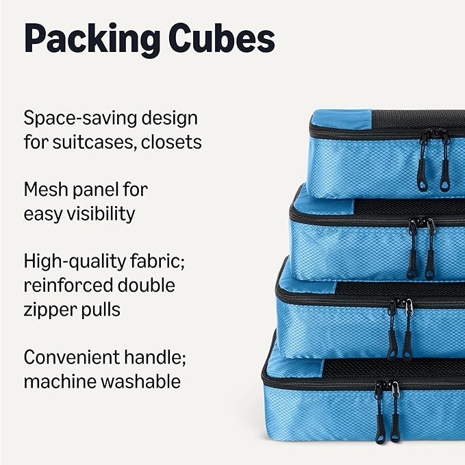 Amazon Essentials 4-Piece Packing Cubes Travel Accessories Set, Luggage Organizer with Double Zipper, Mesh Top, 100% Polyester, Medium, Sky Blue (Previously Amazon Basics)