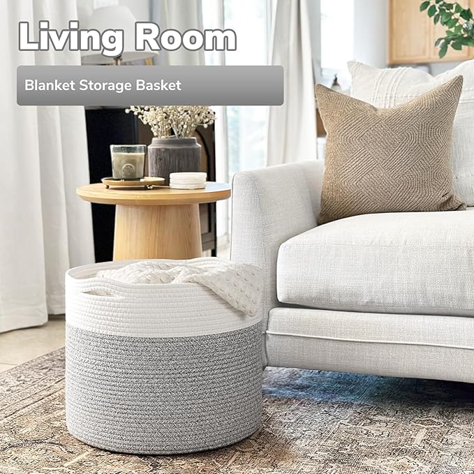 Goodpick Blanket Basket, 15.8"x15.8"x13.8" Woven Rope Basket for Blankets, Kids Toy Storage Organizer Bins, Toy Storage for Nursery, Light & Grey