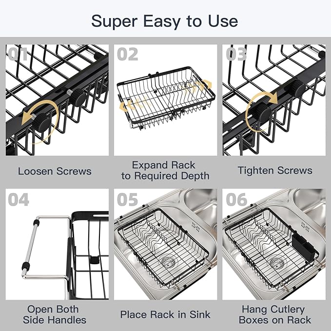 Small Expandable Over The Sink Dish Drainer Drying Rack In Stainless Steel Metal For Kitchen, Counter Space Saving Compact Above Plate Dryer Strainer, Adjustable Hanging Inside Sink Wire Drain Holder