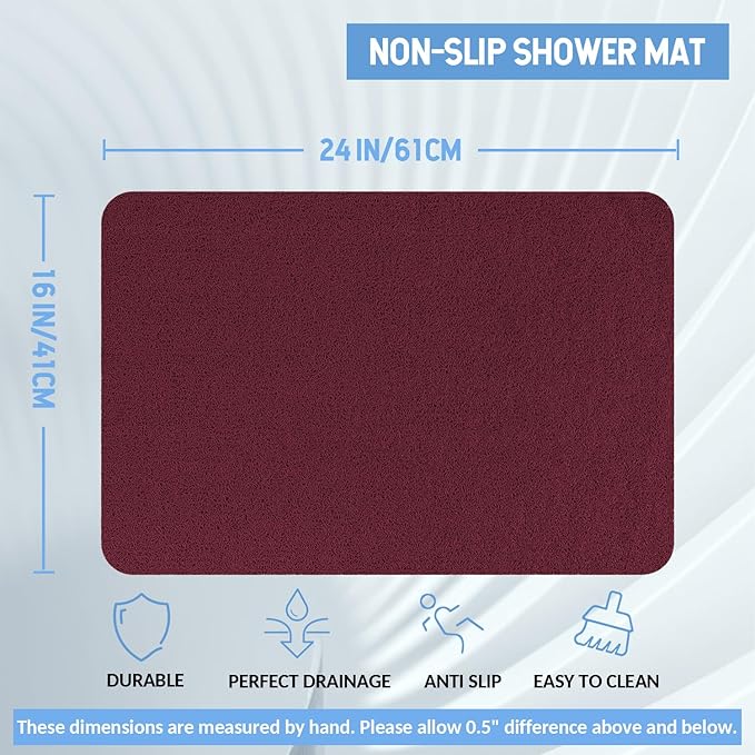 Hargiis Non-Slip Bathtub Mat, Anti Slip Shower Mat, Fast Drying Bathtub Mats, Foot Scrubber Mat, Anti Slip Mat for Tub, Floor, Bathroom, Kitchen, Home, Hotel (Wine Red 24"×16")