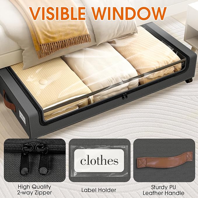Under Bed Storage with Wheels 1Pack Storage Containers with Clear Window&Label Under Bed Drawers Rolling Under Bed Storage for Clothes,Shoes, Blankets (30.71 x 16.93 x 6.69 in, Dark Grey)