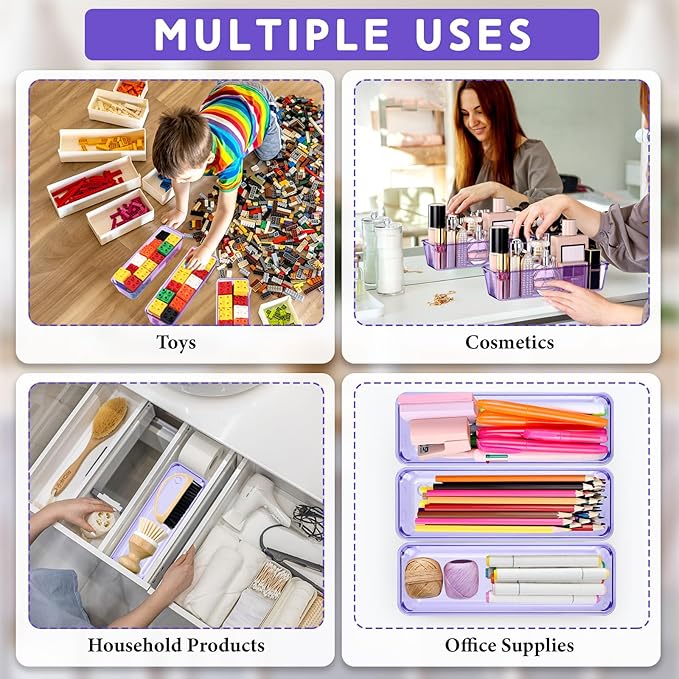 Maitys 12 Pcs Clear Drawer Organizer 9 x 3 x 2 Inches Plastic Rectangle Trays Makeup Vanity Storage Bins and Kitchen Drawers Dividers for Office Desk Silverware Kitchen Utensils(Purple)