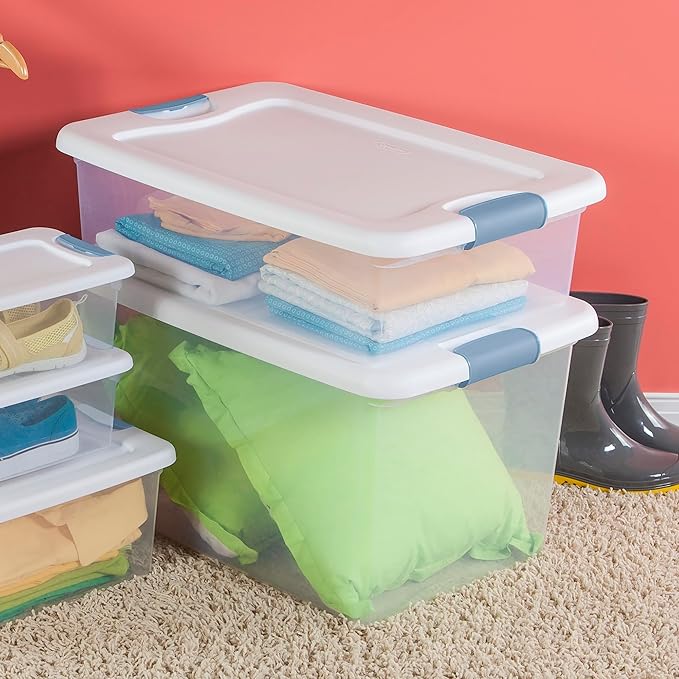 Sterilite 12-Pack Latching Box, Under Bed Storage Bins with Lids, Clear Plastic, 32 Quart - Heavy-Duty Organizing Containers for Closet, Bathroom, and Office