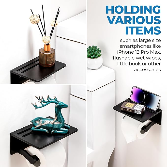 Toilet Paper Holder with Shelf + 2 PCS Towel Hooks - Self Adhesive Toilet Paper Storage - Tissue Roll Holder with Phone Shelf - Wall Mount Toilet Roll Bathroom Organizer - Black