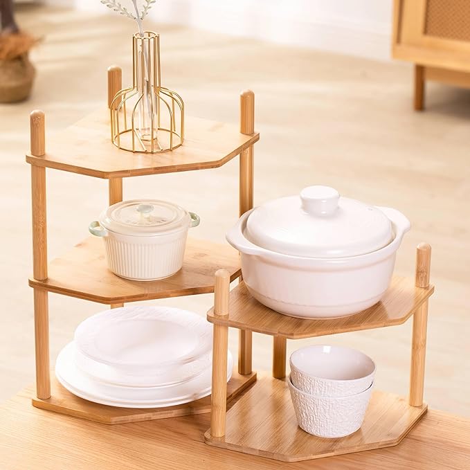 2-Packs 3-Tier Expandable Bamboo Corner Shelf - Dish/Plate Organizer for Cabinet, Kitchen Counter Shelf & Small Kitchen Shelf, Adjustable (2, 3Tier-6.7" H)
