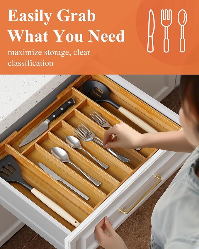 Kitsure Extra Large Bamboo Silverware Organizer - Expandable Drawer Organizer for Utensil, Cutlery and Flatware, Kitchen Storage Solution with 6 to 8 Slots, Natural, 19.7" × 15.4" × 2.0"