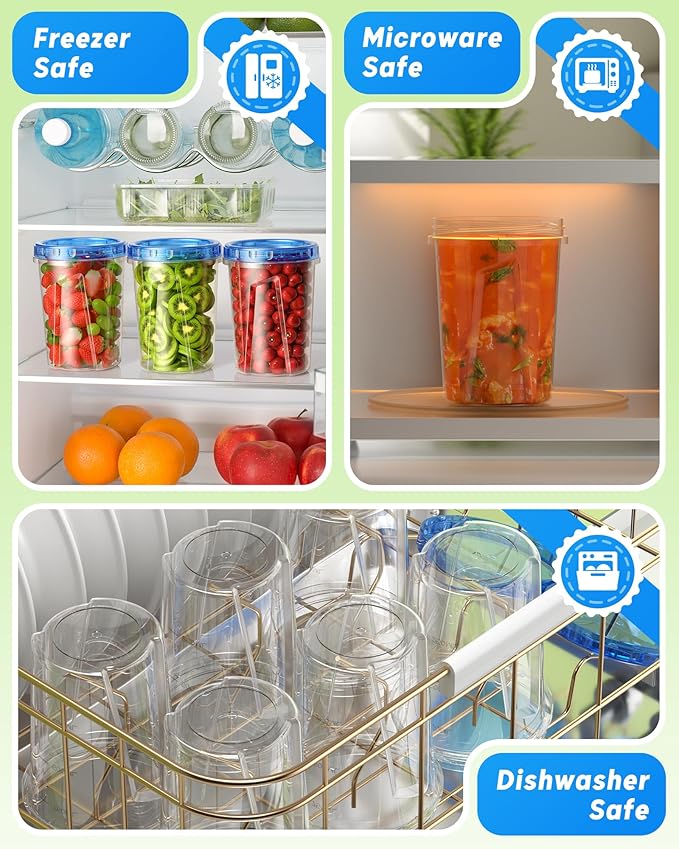 12 Pack-34oz Freezer Storage Containers, Plastic Food Storage Containers with Twist Top Lids, BPA Free and Reusable Soup Containers with Lid, Microwave and Dishwasher Safe