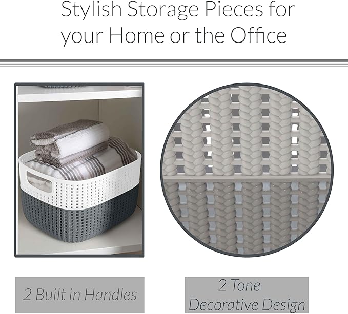Simplify 2 Tone Sailor Knot Plastic Storage Tote | Decorative Basket | Closet Organization | De-clutter | Accessories | Toys | Bathroom Organization | Medium | Grey/Grey