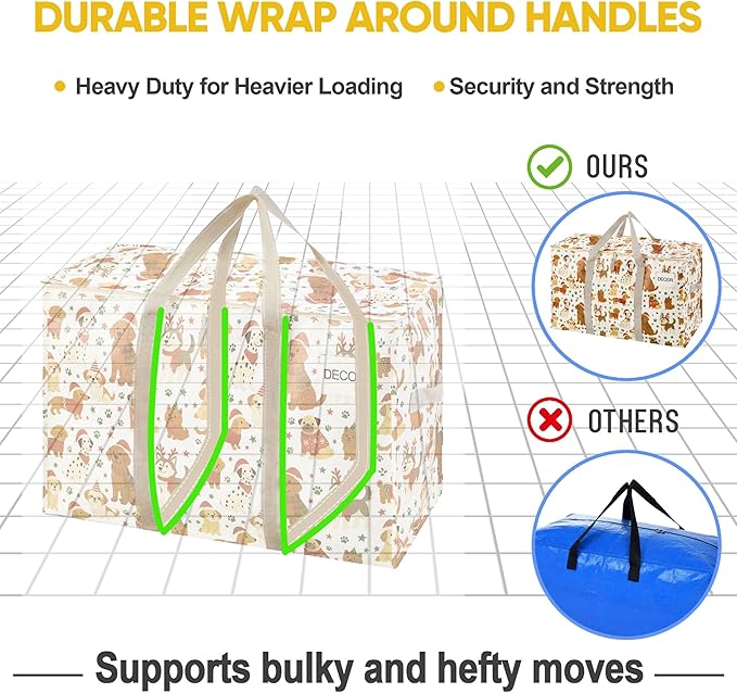 VENO 2 Pack Moving Bags and Large Christmas Storage Bins with lids. Alternative to Moving Boxes, Packing Supplies for College. Extra Large Heavy Duty Totes for Packaging (Holiday Pups, 2 Pack)