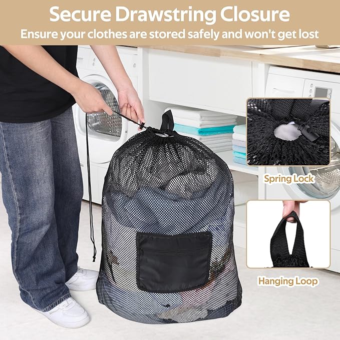 OTraki Mesh Laundry Bags 36 x 28 Inch Extra Large Travel Laundry Bag Backpack Heavy Duty Drawstring Dirty Clothes Laundry Mesh Wash Bag with Shoulder Straps Don't Drying, Melting 140-176℉ Black