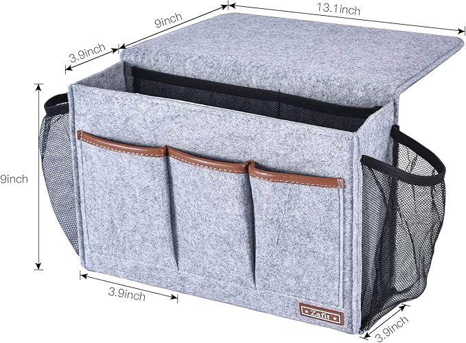 Zafit Bedside Caddy, Large Size Storage Organizer with 8 Pockets - Perfect for Magazine, Remotes, Phone (13.4'' x 18.1'', Light Grey)