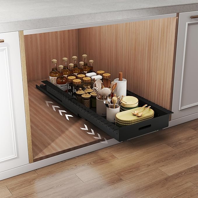Expandable Pots and Pans Organizer Under Cabinet, Sliding Pot Lid Holder and Pan Rack in Kitchen,Pull Out Pan Organizers with 10 Adjustable Dividers, Slide Out Cookware Organizer for Kitchen Storage
