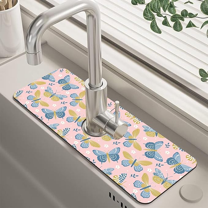 Kitchen Sink Splash Guard Faucet Mat Super Absorbent Fast Drying Mat Guard Behind Faucet Drip Catcher for Kitchen Bathroom (Butterflies and Chamomile, 23.5"X5.5")
