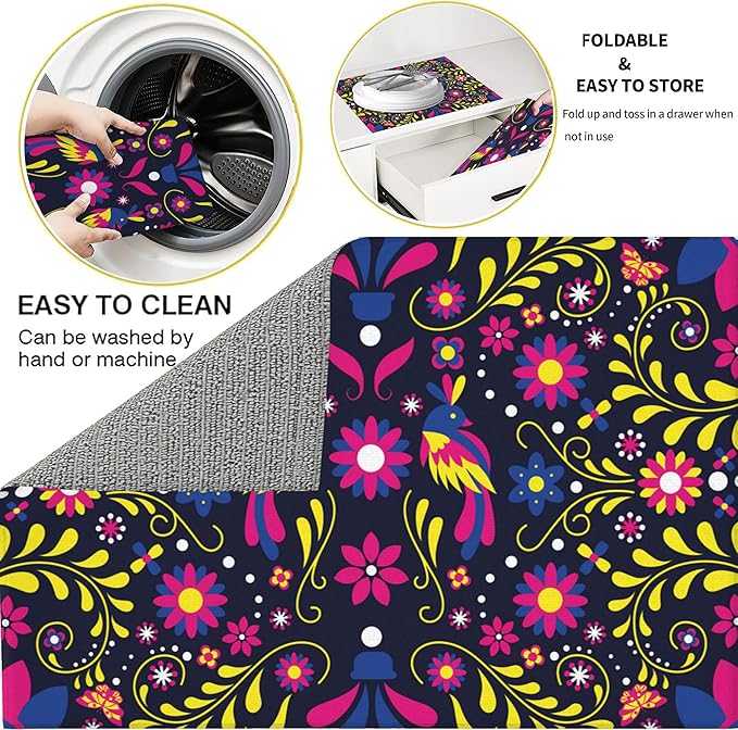 3Pcs Mexican Floral and Bird Dish Drying Mat & Kitchen Sink Splash Guard Faucet Mat For Kitchen Counter Absorbent Microfiber Dishes Pad Dish Drainer Rack Mats Fast Dry Kitchen Accessories