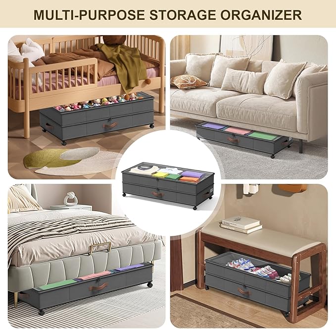 2 Pack Under Bed Storage with Wheels & Clear Lids – 72L XXL Large Capacity Under bed Storage Organizer for Clothes, Toys, Blankets | Space-Saving Stackable Design | Bedroom Storage Solution