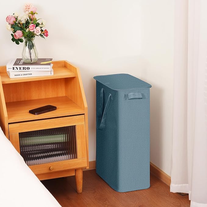 efluky Slim Laundry Basket with Lid, Narrow Laundry Hamper with Handles, Collapsible Dirty Clothes Hamper, Tall Laundry Bin for Laundry Room, Dorm and Bedroom, 55L Denim Blue