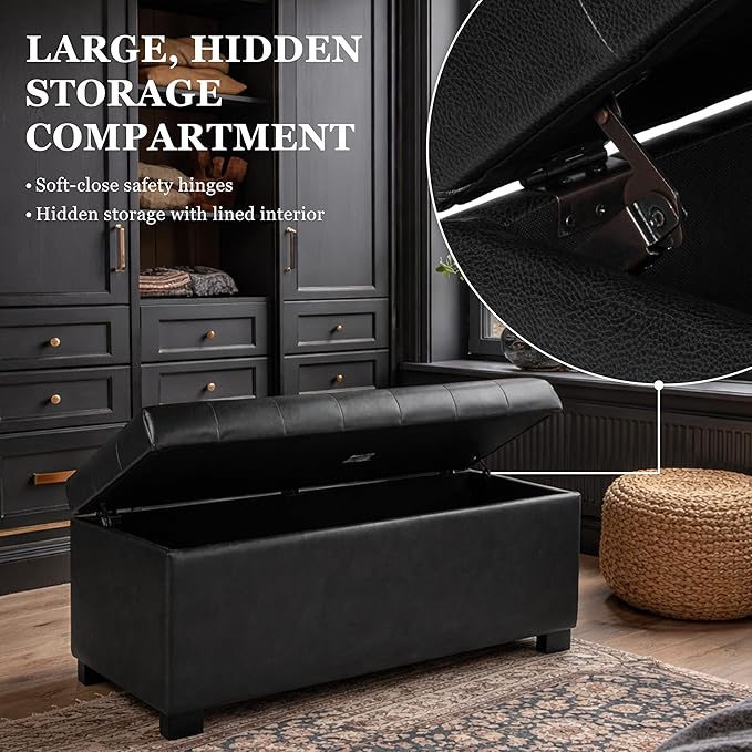 Spatial Order Large Tufted Storage Bench - Black Faux Leather