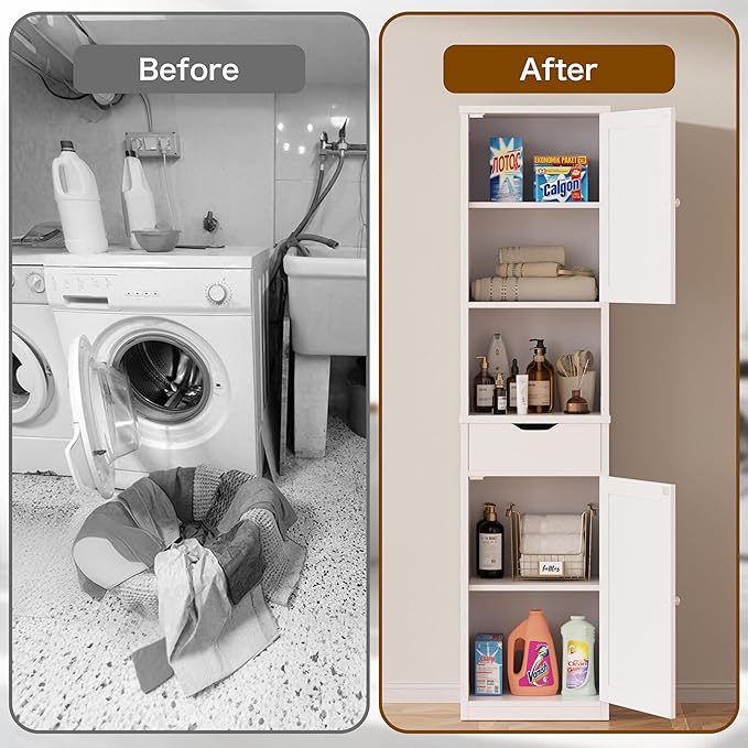 Walsunny Tall Bathroom Storage Cabinet with Freestanding Adjustable Shelves, Narrow Storage Linen Cabinet with 2 Doors and 1 Drawer for Bathroom, Living Room, Kitchen(White)