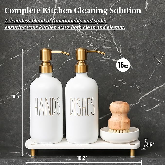 MOMEEMO Gold Soap Dispenser Set Comes with Stainless Steel Pumps, Instant Dry Tray, and Dish Scrub Brush, Suitable for Kitchen Decor and Accessories. (Gold)