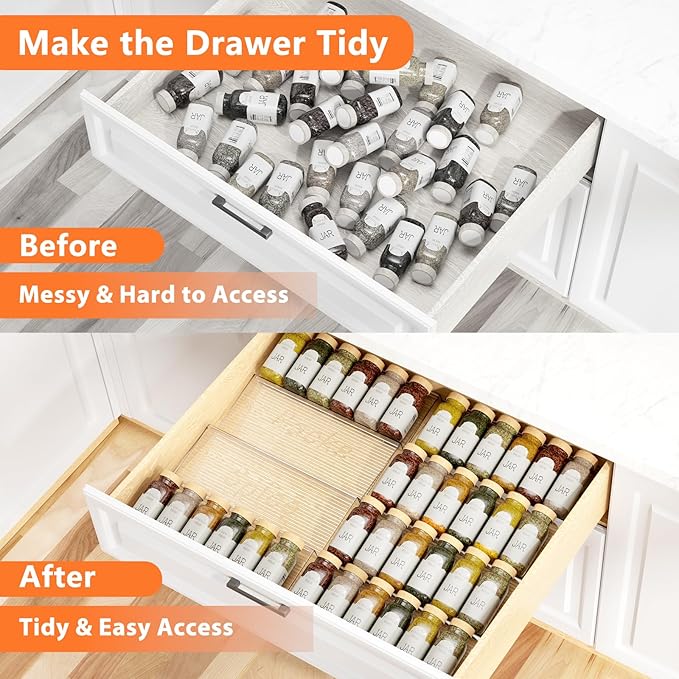 6 Pack Spice Drawer Organizer, 6 Tier Drawer Clear Seasoning Organizer, Extended From 11" to 22", Spice Rack Organizer for Drawer and Kithchen (Jars Not Included)
