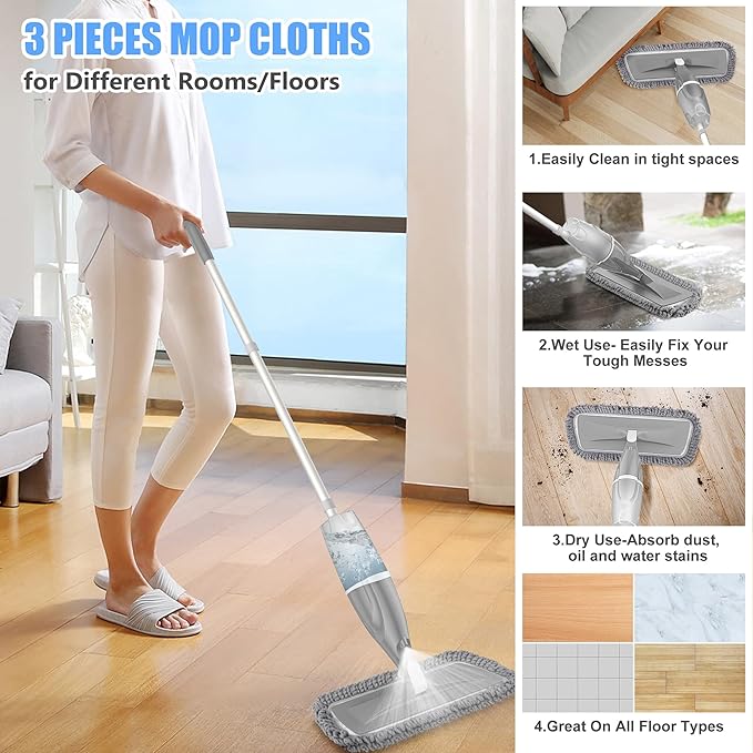 Microfiber Spray Mops for Floors Cleaning: EXEGO Dust Wet Mop with 3 Washable Reusable Pads for Swiffer Powermop &1 Refillable Bottle - Flat Floor Mop for Hardwood Laminate Ceramic Tiles Vinyl Wood