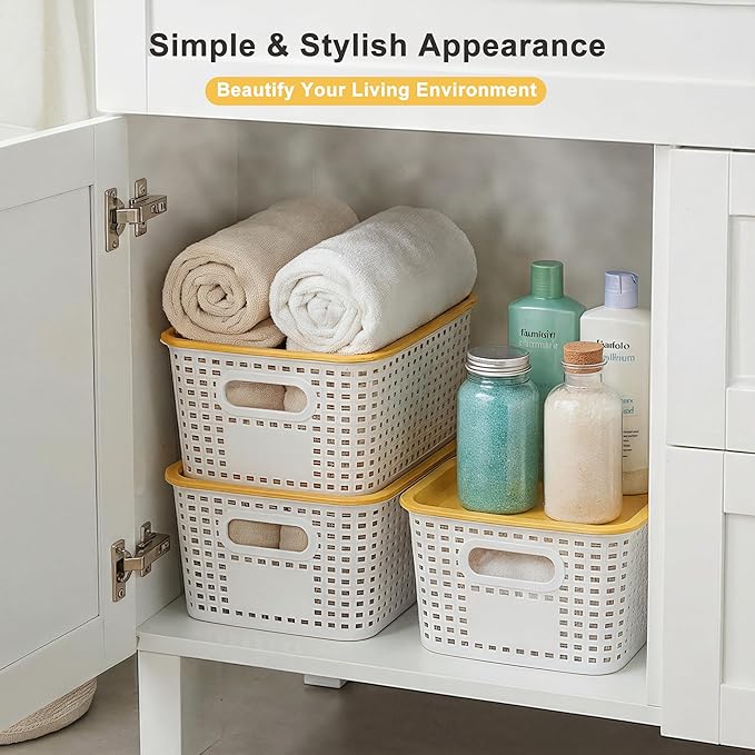 AREYZIN 6 Pack Plastic Storage Bins with Lid,Stackable Storage Bins and Storage Baskets for Shelves,Small Baskets for Organizing, Small Storage Bins,10.2x7.2x4.1 Inch, White
